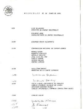 Agenda del Presidente programada el 30 de Junio de 1993