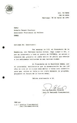 [Carta de agradecimiento al Gobernador Provincial de Malleco por su adhesión al gobierno]