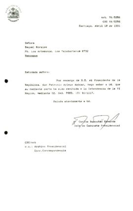 Carta remitida a la Intendencia de la VI Región, mediante Oí, GAB. PRES. (O) 91/1117.