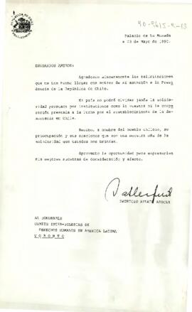 [Carta del Presidente Patricio Aylwin al Comité Inter-Iglesias de Derechos Humanos en Latinoamérica]