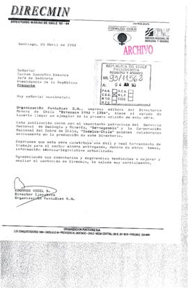 [Carta de Directorio Minero de Chile, en que envía ejemplar de Direcmin 1993 - 1994" con el patrocinio de SERNAGEOMIN Y CODELCO]