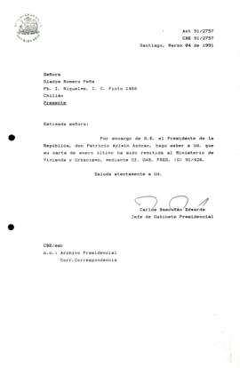 [Carta de respuesta por remisión de correspondencia enviada al Presidente, redirigiéndola  al Ministerio de Vivienda y Urbanismo]