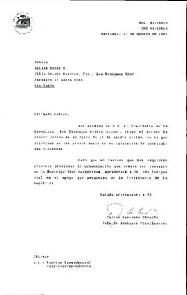 [Carta de respuesta a la Sra. Eliana Muñoz acusando recibo de su carta sobre construcción de viviendas]