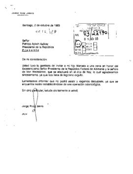 [Carta de Sr. Jorge Ríos Jarvis excusando a su hijo por no poder asistir a cena en honor a Presidente de Alemania]