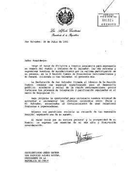 [Carta del Presidente de El Salvador, Alfredo Cristiani al Presidente Patricio Aylwin]