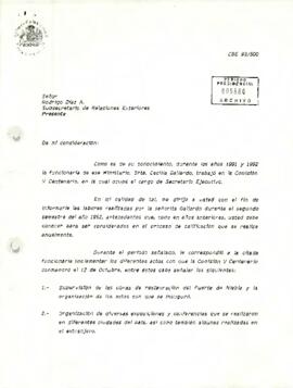 [Carta del Jefe de Gabinete, Carlos Bascuñán sobre gestión de funcionaria del Ministerio de RR.EE...