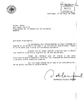 [Carta de S.E El Presidente Patricio Aylwin a Presidente de la República de Colombia]