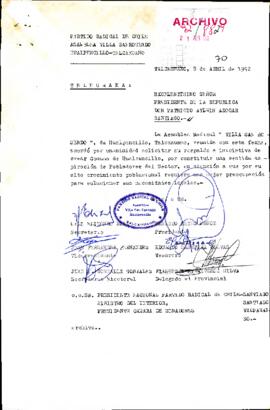 [Telegrama de la Asamblea del Partido Radical de Hualpencillo dirigida al Presidente Patricio Ayl...