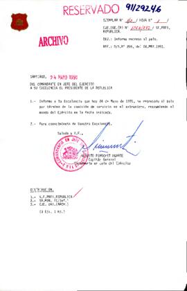 [Carta del Comandante en Jefe del Ejército dirigida al Presidente Patricio Aylwin, informando sobre su regreso al país]