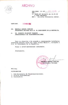 [Carta del Secretario Privado del Presidente de la República a Subsecretario de Telecomunicaciones]