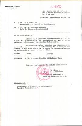 [Carta del Jefe de Gabinete de la Presidencia a Gobernador Provincial de Antofagasta]