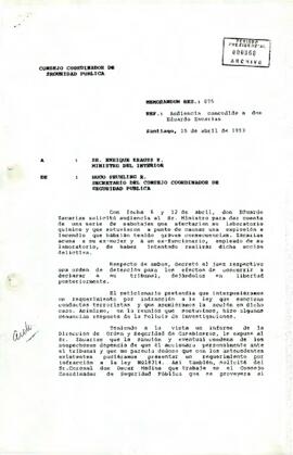 [Carta de Consejo de Seguridad Nacional de Chile al Ministro del Interior, referente a audiencia ...