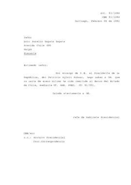 [Carta de respuesta del Jefe de Gabinete Presidencial sobre correspondencia remitida al Banco del Estado de Chile]