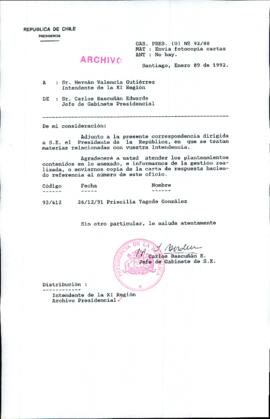 [Carta de Jefe de Gabinete de la Presidencia a Intendente de la XI Región]