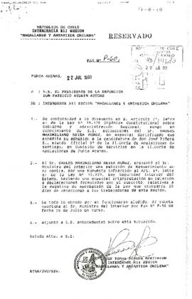 [Carta al Presidente de la República del Intendente XII Región ].