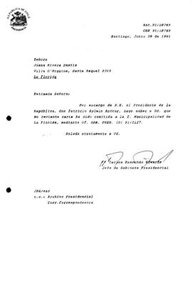 [Carta de respuesta por remisión de correspondencia enviada al Presidente, redirigiéndola  a la I. Municipalidad de La Florida]