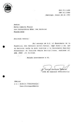[Informa que carta fue remitida a SEREMI de Justicia RM, mediante Of. GAB. PRES. (0) 91/2145]