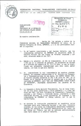 [Federación Nacional de Trabajadores Portuarios de Chile solicita proyecto de ley de ampliación de planta de trabajadores de EMPORCHI]