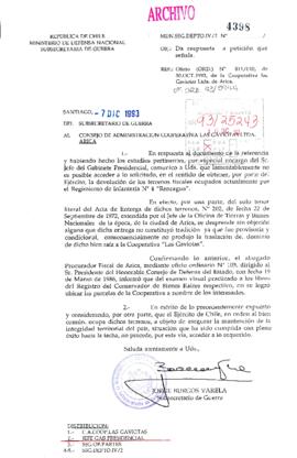 [Oficio de la Subsecretaria de Guerra dirigido al Consejo de Administración Cooperativa Las Gavio...