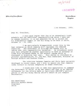 ‼Carta del Primer Ministro de Jamaica mediante la cual se excusa de asistir a la VII Cumbre Presidencial del Grupo de Río de 1993]