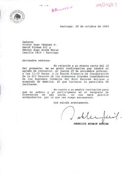 [Invitación de la Comisión Organizadora de la XII Reunión de Soberanos Grandes Comendadores de América de 1993 dirigida al Presidente Patricio Aylwin]