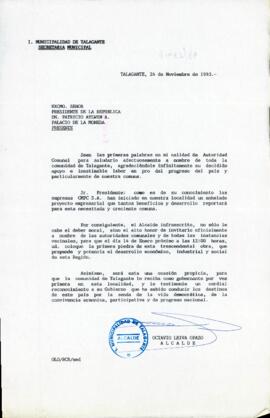 [Carta de invitación del Alcalde de la Municipalidad de Talagante dirigida al Presidente Patricio Ayolwin]