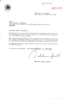 [Carta del Presidente Patricio Aylwin al Presidente del Comité de Entidades Judías de Chile]