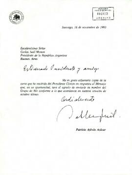 [Carta del Presidente Patricio Aylwin Azócar al Presidente de Argentina, Carlos Saúl Menem]