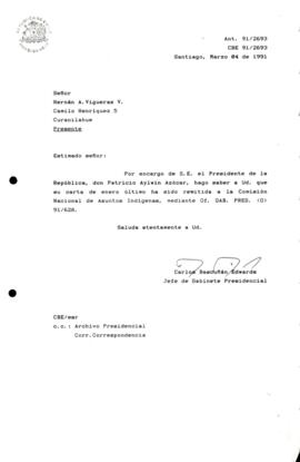 [Carta de respuesta por remisión de correspondencia enviada al Presidente, redirigiéndola  a la Comisión Nacional de Asuntos Indígenas]