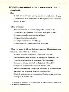 [Estado de Plan de Reconstrucción en Antofagasta y Tal-Tal (II Región)]