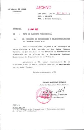 [Carta del Jefe de Gabinete de la Presidencia al Ministro de Transportes y Telecomunicaciones]