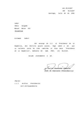 Carta remitida al Plan Beca "Presidente de la República", mediante Of. GAB. PRES. (O) 91/2319.