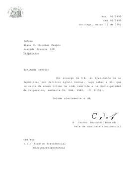 [Carta de respuesta del Jefe de Gabinete Presidencial sobre correspondencia remitida a la Municipalidad de Valparaíso]