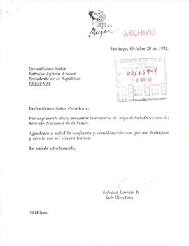 [Carta de renuncia de la Subsecretaria del Servicio Nacional de la Mujer]
