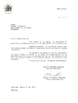 Carta del Jefe del Gabinete de la Presidencia de la República de Chile, sr. Carlos Bascuñán Edwards y el asesor presidencial, sr. Marcelo Trivelli Oyarzún, dirigida al sr. Rafael Celedón G.  de Yate Húsar de la Reina