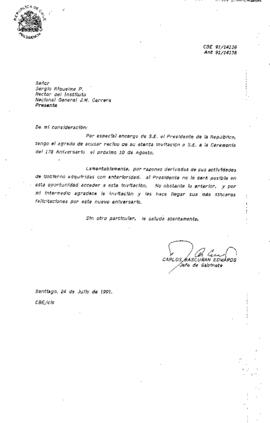 [Respuesta a invitación a la Ceremonia del 178 Aniversario del Instituto Nacional General J.M. Carrera]