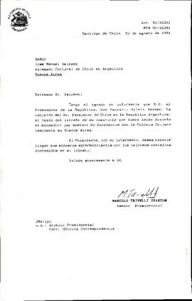 [Carta de respuesta enviada al Sr. José Manuel Salcedo acusando recibo de libreto leído ante colonia chilena residente en Buenos Aires]