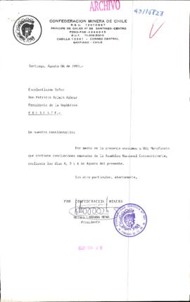 [Carta de la Confederación Minera de Chile dirigida al Presidente Patricio Aylwin]