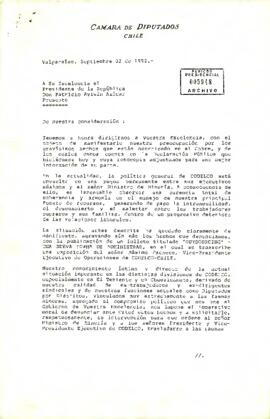 [Carta de Cámara de Diputados dirigida a Presidente  remitiendo declaración de diputados socialistas sobre situación de Codelco]
