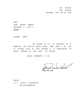 Carta remitida remitida a la Subsecretaría de Guerra, medíante Of. GAB. PRES. (O) 91/2350.