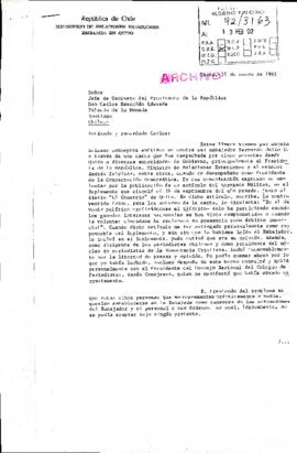 [Carta de Embajada en Quito sobre dichos contra Embajador Bernando Julio]