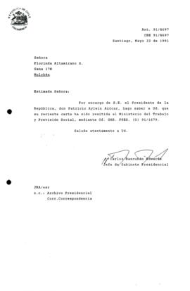 Carta remitida al Ministerio del Trabajo y Previsión Social, mediante Of. G A B . PRES. (O) 91/1679.