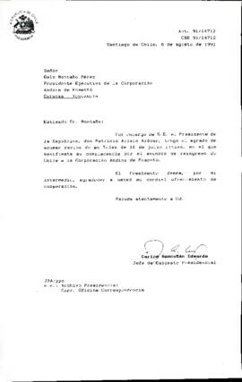 [Carta de respuesta dirigida al Sr. Galo Montaño sobre reingreso de Chile a Corporación Andina de Fomento]