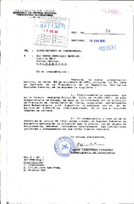 [Carta del Subsecretario de Carabineros de Chile referente a solicitud de particular]