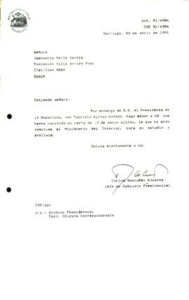 [Carta de respuesta por remisión de correspondencia enviada al Presidente, redirigiéndola al Ministerio del Interior ]