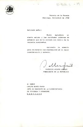 [Carta de Presidente Aylwin, dirigida a señor Jefe de Gabinete subsecretaría Vivienda y Urbanismo]