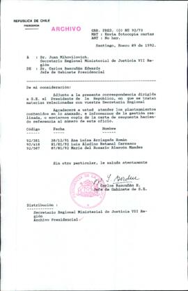 [Carta de Jefe de Gabinete de la Presidencia a SEREMI de Justicia VII Región]