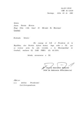 Carta remitida a la Municipalidad de Conchall, mediante Of. GAB. PRES. (O) 91/2374.