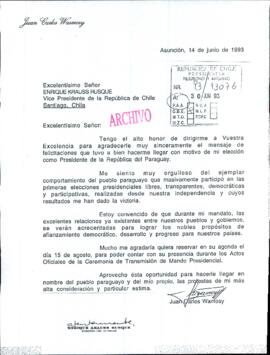 [Carta del Presidente Electo de Paraguay, Juan Carlos Wasmosy]