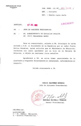 [Oficio  Gab. Pres. Ord. N°  3408 de Jefe de Gabinete Presidencial, remite copia de carta que se indica]